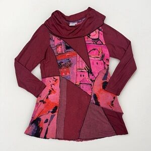 Parsley Sage Dress Womens Sz M Burgundy Red Patchwork Tunic Long Sleeve Artsy